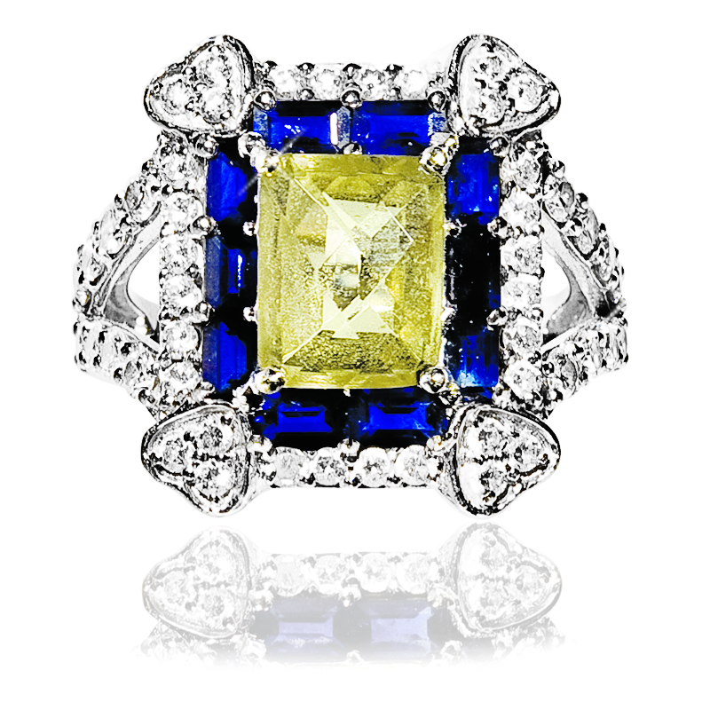 4 small Heart Blue Sapphire & Lemon Citrine Diamond Ring