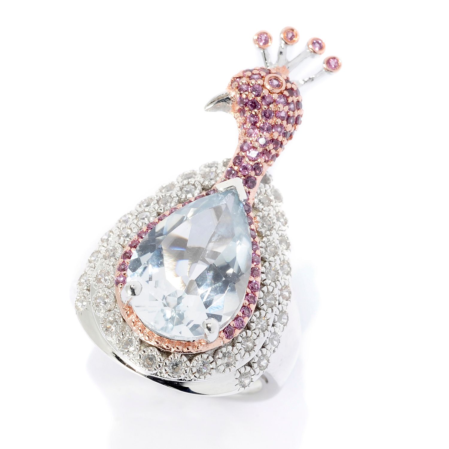 Sterling Silver Pink Sapphire/White Topaz Peacock Cocktail Ring – Peace ...